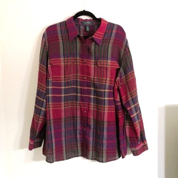 NEW Lauren Ralph Lauren 100% Linen Shirt Plaid Multicolor Chest Pockets Size 3X - Picture 1 of 4
